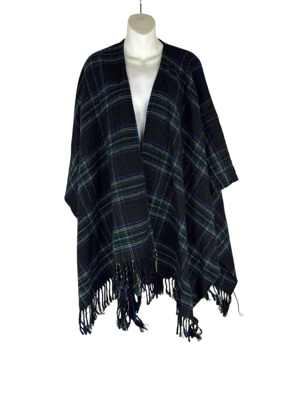 CERVENO Italy Plaid Poncho Wrap Fringed Tartan Cape Black Watch Blue Green